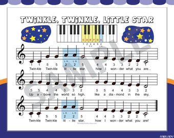 Pode incluir: Partitura de "Twinkle, Twinkle, Little Star" com um diagrama de teclado de piano e ilustrações de estrelas. As notas musicais são exibidas em uma pauta, com a letra abaixo. O título está no topo.