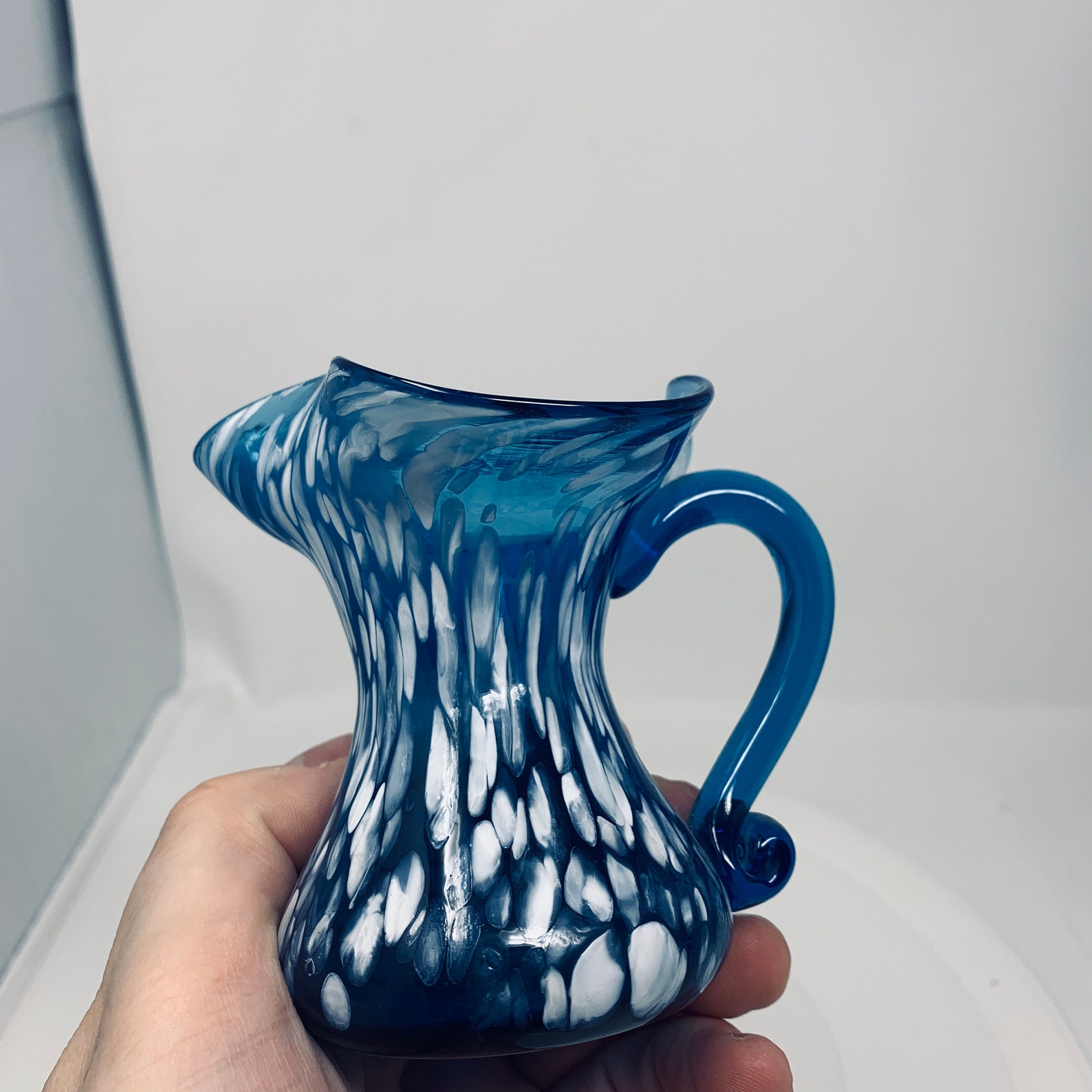 Vintage Murano Art Glass Pitcher Blue & White Splatter Pattern Design