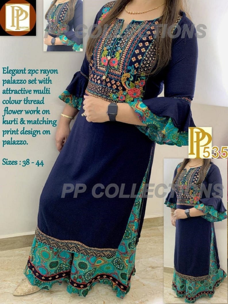 Indian Bollywood Wedding Special Embroidery Designer Rayon Blue Kurta /& Sharara Set Special For Women And Girls. Express Shipping