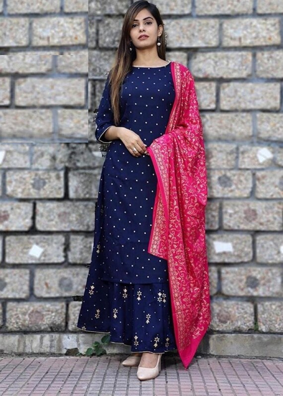 Indian Designers Rayon Kurti With Plazo And Dupatta Set Etsy