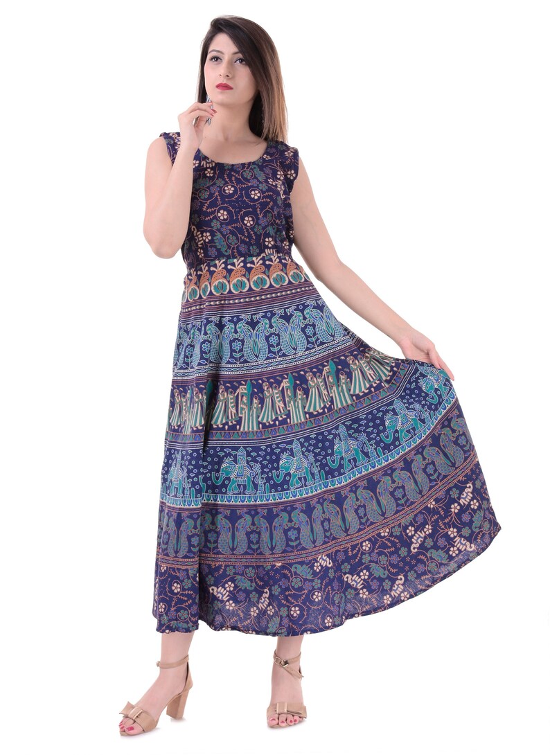 INDIAN handmade mandala Printed Cotton Kurti maxi Dress BLUE | Etsy