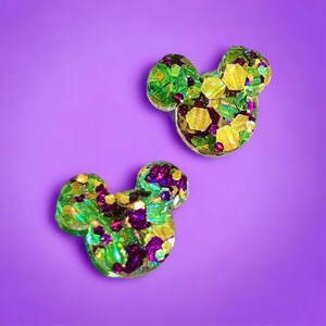 Mardi Gras Mouse Ears Earrings, Mouse Mardi Gras, Purple Green Gold Glitter Studs, Mickey Disney Mardi Gras Jewelry, Fleur-de-lis studs
