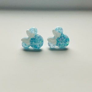 Cinderella Ears Earrings, Blue Glitter Disney Earrings, Disney Park Jewelry, Handmade Disney Mouse Themed Studs, Princess Earrings