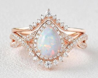 Twig Bridal Set Engagement Diamond Ring Fire Opal Sterling Silver Set Rings AKEMI Twig Opal Diamond Rings Silver Opal Band