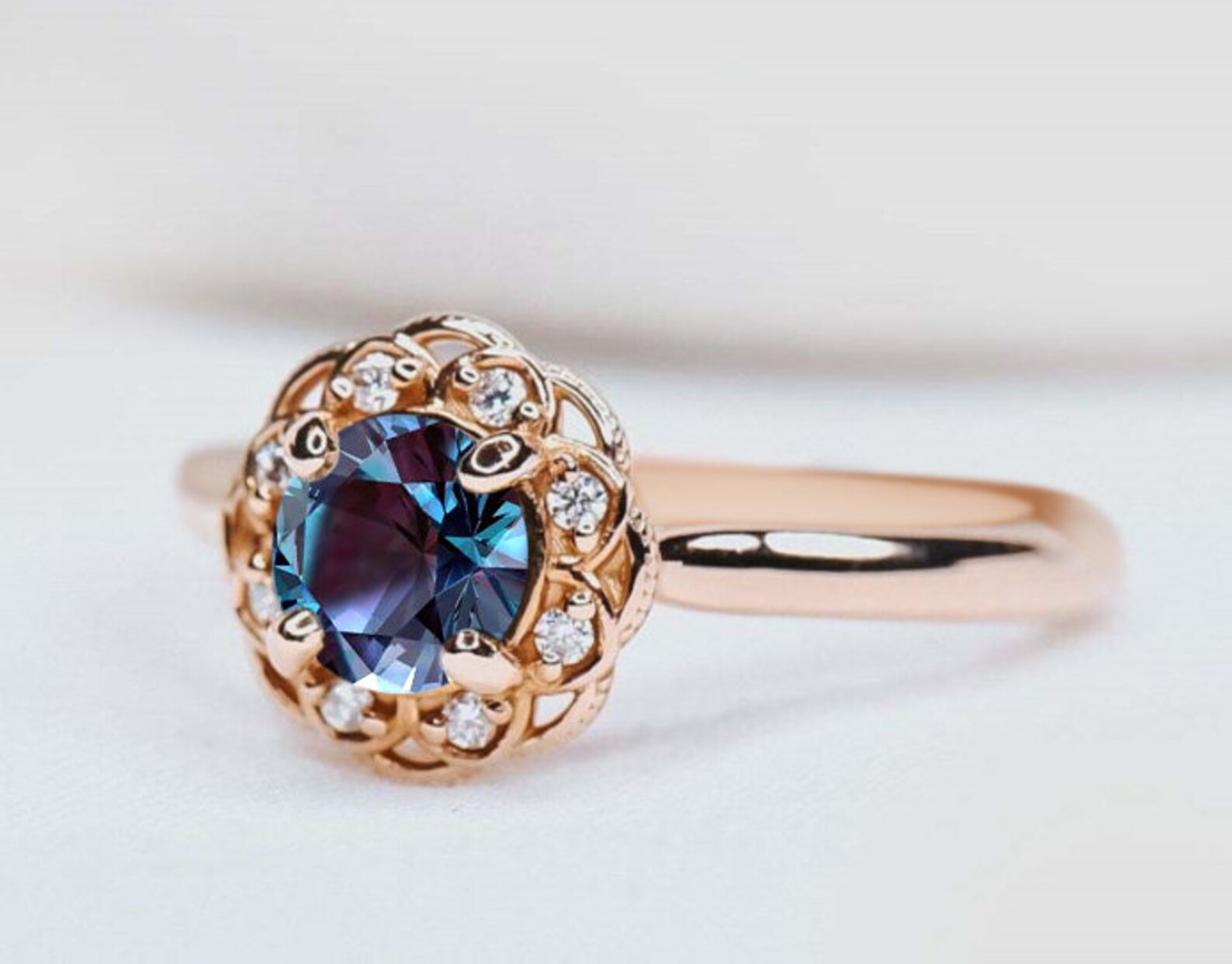 Unique Alexandrite Engagement Ring 14k Rose Gold Alexandrite Etsy