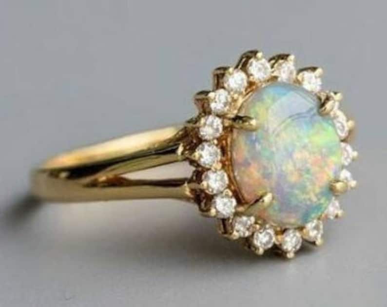 14k Gold Opal Engagement Ring Natural Fire Opal Wedding Ring Vintage Halo Wedding Ring Antique Opal Bridal Promise Ring Opal Gemstone Ring