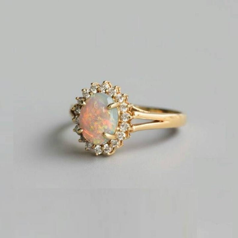 14k Gold Opal Engagement Ring Natural Fire Opal Wedding Ring Vintage Halo Wedding Ring Antique Opal Bridal Promise Ring Opal Gemstone Ring