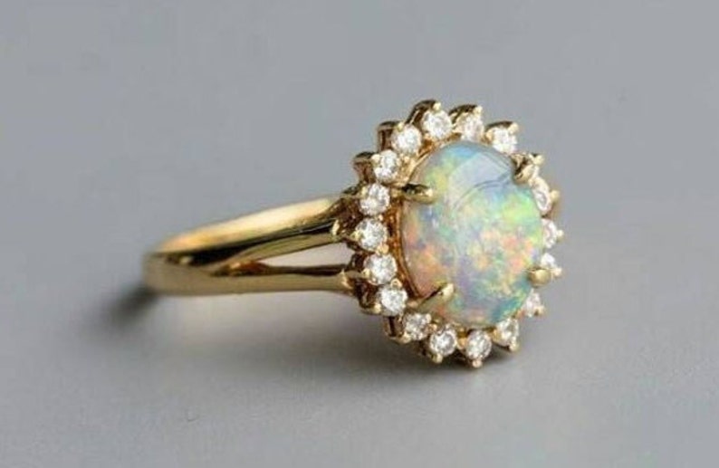 14k Gold Opal Engagement Ring Natural Fire Opal Wedding Ring Vintage Halo Wedding Ring Antique Opal Bridal Promise Ring Opal Gemstone Ring