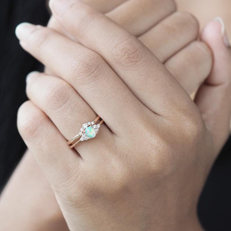 Dainty Opal Engagement Ring Set Minimalist Opal Wedding Ring Etsy