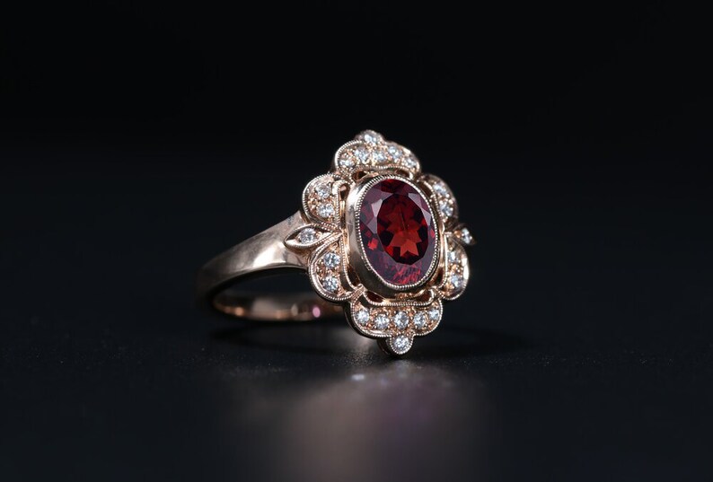 Natural Garnet Engagement Ring 14k Rose Gold Garnet Wedding Ring Vintage Style Garnet Bridal Promise Ring Antique Milgrain Engagement Ring