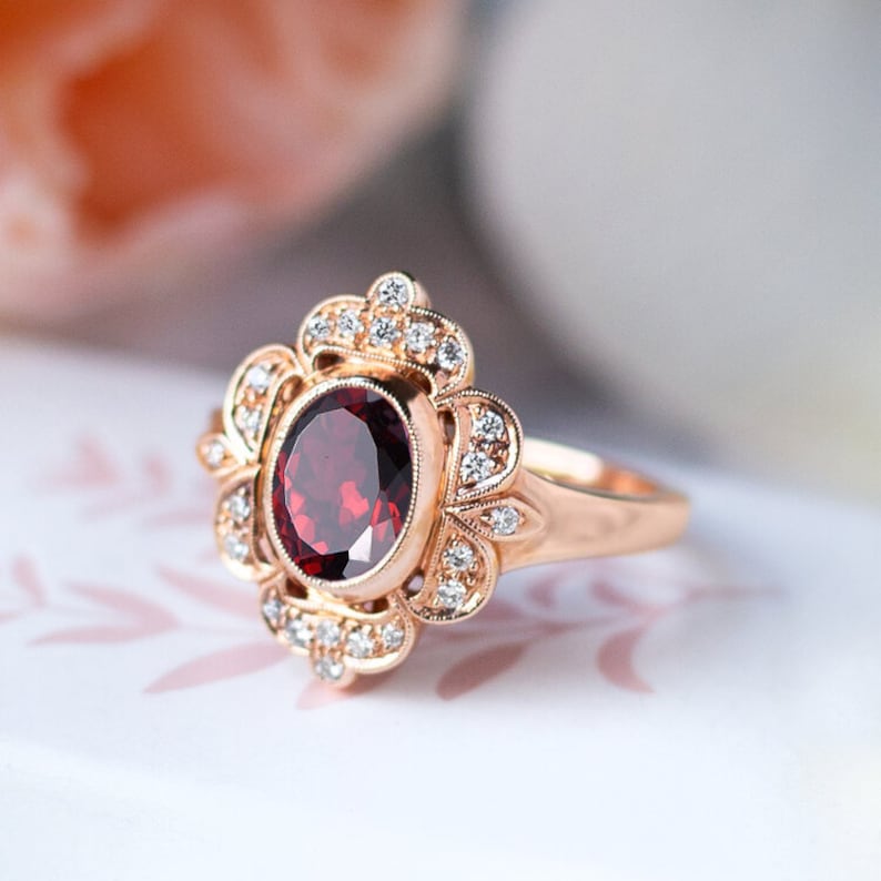 Natural Garnet Engagement Ring 14k Rose Gold Garnet Wedding Ring Vintage Style Garnet Bridal Promise Ring Antique Milgrain Engagement Ring