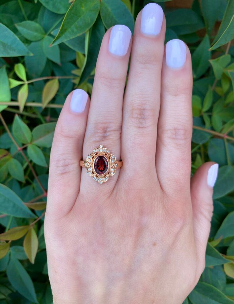 Natural Garnet Engagement Ring 14k Rose Gold Garnet Wedding Ring Vintage Style Garnet Bridal Promise Ring Antique Milgrain Engagement Ring