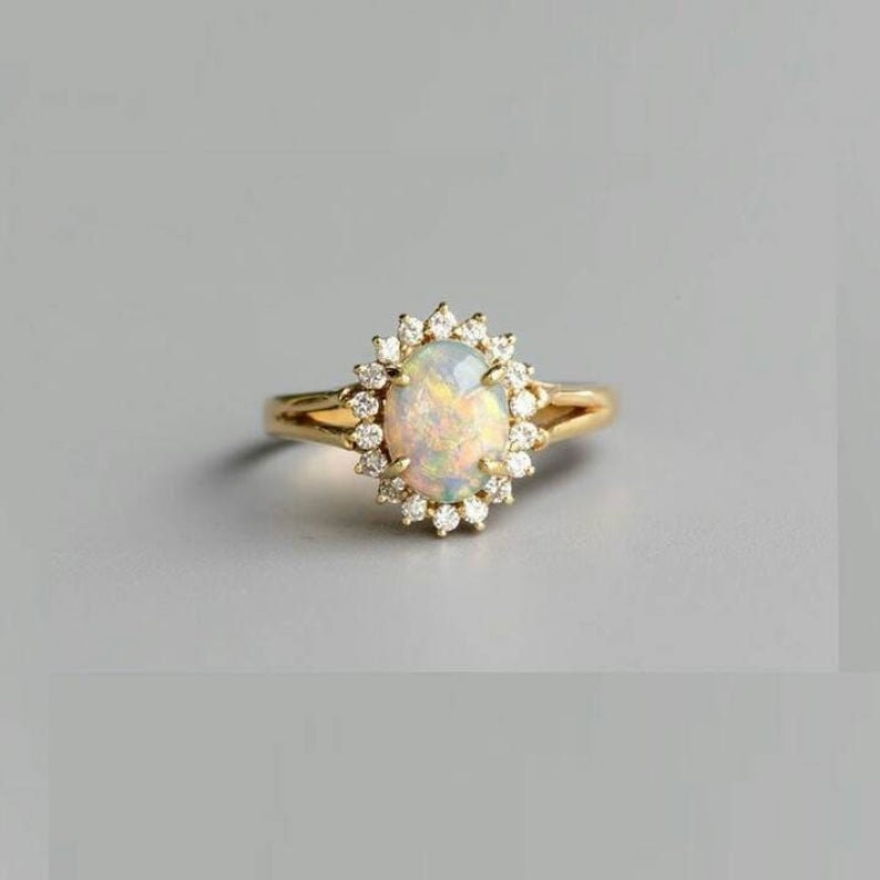 14k Gold Opal Engagement Ring Natural Fire Opal Wedding Ring Vintage Halo Wedding Ring Antique Opal Bridal Promise Ring Opal Gemstone Ring