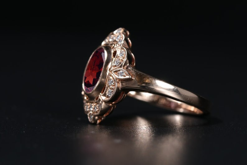 Natural Garnet Engagement Ring 14k Rose Gold Garnet Wedding Ring Vintage Style Garnet Bridal Promise Ring Antique Milgrain Engagement Ring