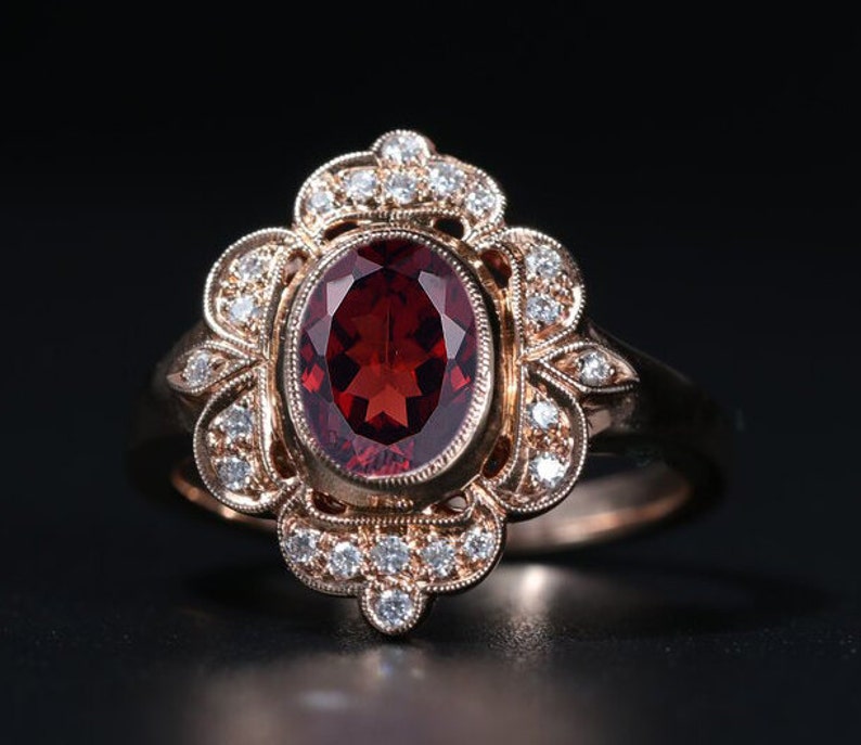 Natural Garnet Engagement Ring 14k Rose Gold Garnet Wedding Ring Vintage Style Garnet Bridal Promise Ring Antique Milgrain Engagement Ring