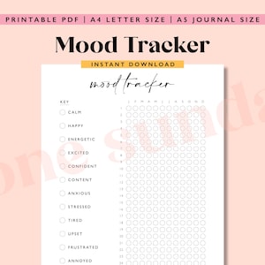 May include: Printable mood tracker with a black and white design. The tracker has a key with mood options like calm, happy, energetic, excited, confident, content, anxious, stressed, tired, upset, frustrated, and annoyed. The tracker has a grid with 31 days for each month of the year.