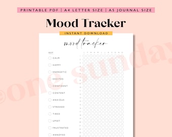 May include: A printable mood tracker on white paper with the words "Mood Tracker" in a stylish font. The tracker includes a key with mood options and a grid for daily tracking. The text "Instant Download" is also visible.