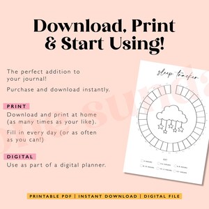 May include: Printable sleep tracker in black and white. The tracker is a circle with 24 sections, each representing an hour of the day. There is a cloud with stars in the center of the circle. The text "sleep tracker" is at the top of the page. The text "Download, Print & Start Using!" is at the top of the page. The text "Printable PDF | Instant Download | Digital File" is at the bottom of the page.