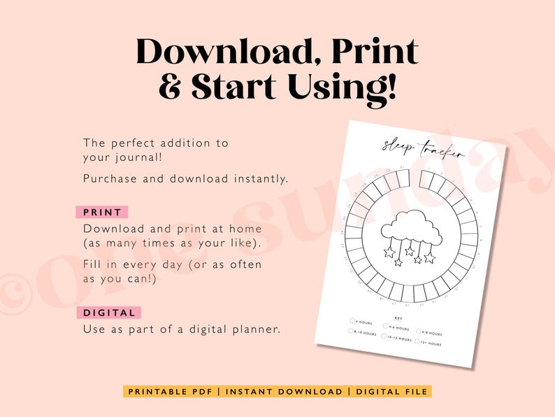 May include: Printable sleep tracker in black and white. The tracker is a circle with 24 sections, each representing an hour of the day. There is a cloud with stars in the center of the circle. The text "sleep tracker" is at the top of the page. The text "Download, Print & Start Using!" is at the top of the page. The text "Printable PDF | Instant Download | Digital File" is at the bottom of the page.