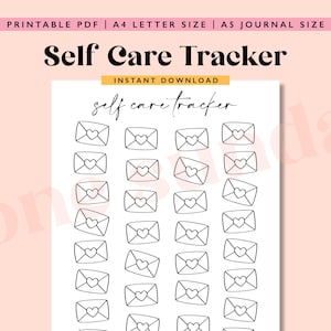 Puede incluir: Un rastreador de autocuidado imprimible con un diseño en blanco y negro. El rastreador presenta 36 sobres con corazones en su interior. El texto "Self Care Tracker" y "Descarga instantánea" se encuentra en la parte superior de la página.