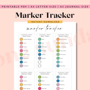 Könnte beinhalten: Druckbarer Markierstift-Tracker mit sechs verschiedenen Journal-Seiten: Stimmungs-Tracker, Wasser-Tracker, Lese-Tracker, Glücks-Tracker, Energie-Tracker und Dusch-Tracker. Jede Seite enthält eine Farbtabelle mit verschiedenen farbigen Kreisen, die verschiedene Markierstiftfarben darstellen.