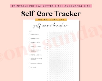 May include: Printable self-care tracker with a checklist of activities to track for each day of the month. The activities include fresh air, exercised, stretched, ate healthy, everything shower, read a book, social media detox, decluttered, and other.