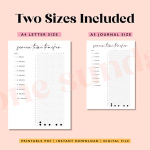May include: Printable screen time tracker in two sizes: A4 letter and A5 journal. The tracker has a key with time increments from 1 hour to 10 hours and a grid of circles for tracking screen time.