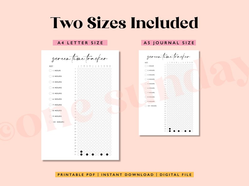 May include: Printable screen time tracker in two sizes: A4 letter and A5 journal. The tracker has a key with time increments from 1 hour to 10 hours and a grid of circles for tracking screen time.