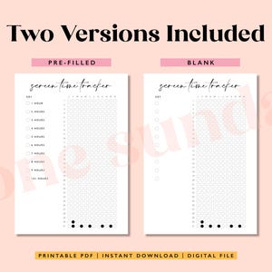 May include: Printable screen time tracker with two versions: a pre-filled version and a blank version. The tracker has a key with hours from 1 to 12 and a grid of circles to track screen time.