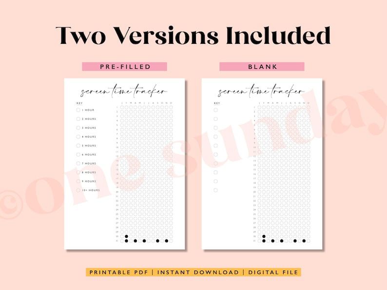 May include: Printable screen time tracker with two versions: a pre-filled version and a blank version. The tracker has a key with hours from 1 to 12 and a grid of circles to track screen time.