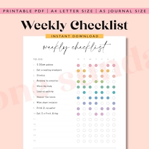 May include: A printable weekly checklist with a rainbow colour scheme. The checklist includes tasks such as waking up, eating breakfast, stretching, responding to enquiries, moving your body, doing laundry, hoovering, wiping down surfaces, drinking water, and eating fruit and vegetables. The checklist is designed for a week, with columns for each day of the week: Monday, Tuesday, Wednesday, Thursday, Friday, Saturday, and Sunday.