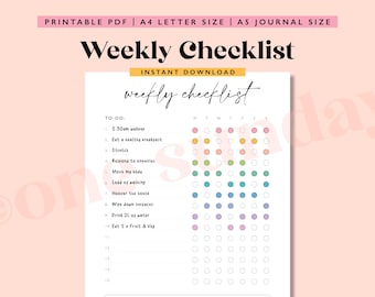 Op de afbeelding: Een printbare wekelijkse checklist met een regenboogkleurenschema. De checklist bevat taken zoals wakker worden, ontbijt eten, rekken, reageren op vragen, bewegen, was doen, stofzuigen, oppervlakken afnemen, water drinken en fruit en groenten eten. De checklist is ontworpen voor een week, met kolommen voor elke dag van de week: maandag, dinsdag, woensdag, donderdag, vrijdag, zaterdag en zondag.