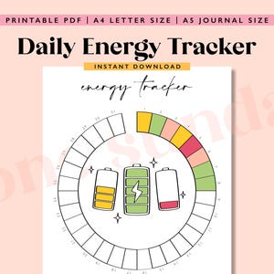 Op de afbeelding: Een printbare dagelijkse energie tracker met een cirkeldiagram dat is verdeeld in secties die verschillende energieniveaus voorstellen. Het diagram is omgeven door nummers van 1 tot 31. De tekst "energy tracker" staat bovenaan het diagram. Onder het diagram staan drie batterijpictogrammen met verschillende laadstanden.