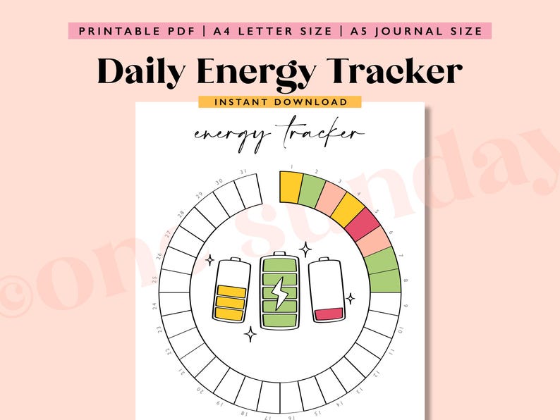 May include: Printable daily energy tracker with a circular chart divided into sections representing different energy levels. The chart is surrounded by numbers from 1 to 31.  The text "energy tracker" is written at the top of the chart.  Three battery icons are shown below the chart, with different levels of charge.