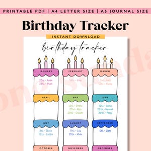Op de afbeelding: Een afdrukbare verjaardagstracker met een taartontwerp. Het ontwerp bevat de tekst "Birthday Tracker" en "Instant Download". De tracker is verdeeld in maanden, elk met ruimte om namen en data te schrijven. Het document is beschikbaar in A4-formaat en A5-formaat.