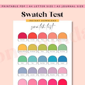 May include: A printable swatch test chart with 20 color swatches in a half-circle shape. The colors are arranged in rows of five, with the following labels: Rusty Red, Fire Red, Peach, Coral, Burnt Yellow, Sunshine Yellow, Corn Yellow, Pickle, Grass Green, Fern Green, Mint, Teal, Sport Blue, Caribbean, Cobalt, Heather, Lavender, Wisteria, Periwinkle, Plum.