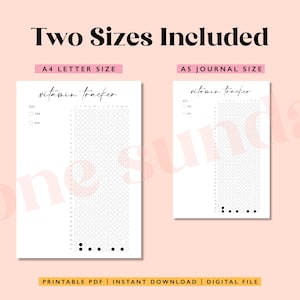 May include: Printable vitamin tracker in two sizes: A4 letter and A5 journal. The tracker has a grid with 31 columns and 30 rows for marking daily vitamin intake. The text "vitamin tracker" is written in black cursive at the top of the page.