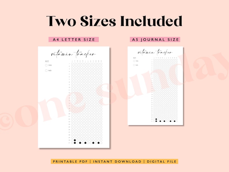 May include: Printable vitamin tracker in two sizes: A4 letter and A5 journal. The tracker has a grid with 31 columns and 30 rows for marking daily vitamin intake. The text "vitamin tracker" is written in black cursive at the top of the page.