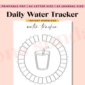 Op de afbeelding: Printbare dagelijkse watertracker met een illustratie van een glas water. De tracker is een cirkel met 31 secties om de waterinname bij te houden.
