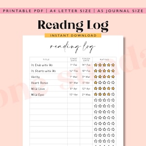 Registro di lettura, Tracker di lettura, Pagina di diario A5 stampabile, Tracker di lettura digitale, Diario di lettura stampabile, Diario di lettura