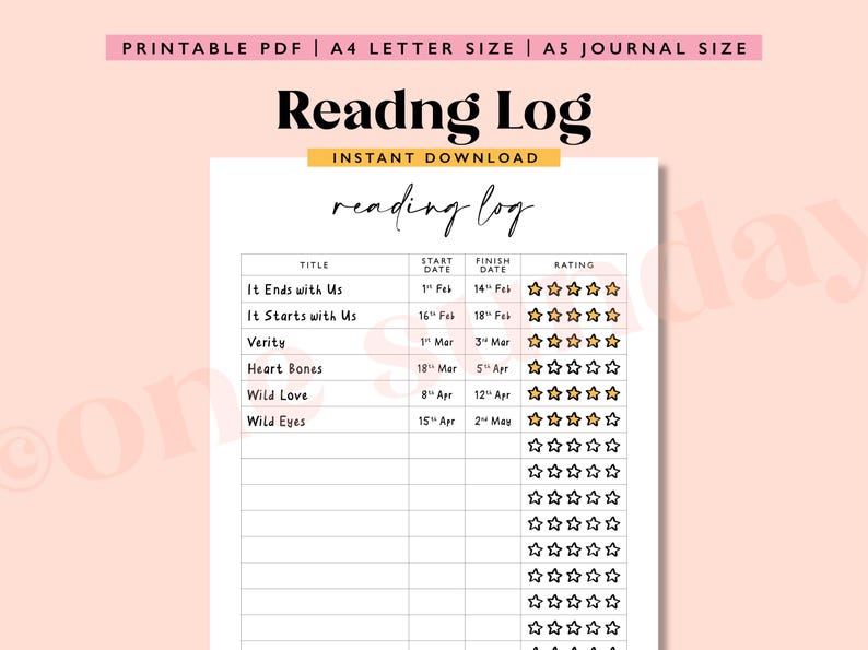 Reading Log Tracker: A5 Journal Printable (digital Download) - Etsy
