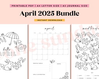May include: A printable April 2025 bundle with a calendar, mood tracker, and journal pages. The pages feature black and white illustrations of bunnies, butterflies, and gardening tools. The text includes "April 2025 Bundle" and "Instant Download."