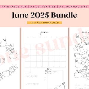 Op de afbeelding: Printbare juni 2025 plannerbundel met een kalender, een moodtracker en pagina's voor het stellen van doelen. De pagina's bevatten een zwart-witte illustratie van citroenen, kersen en bloemen.
