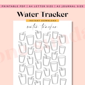 Könnte beinhalten: Druckbare Wasser-Tracker-Tabelle mit einem einfachen Design aus 20 Gläsern mit Strohhalmen. Der Text "Water Tracker" und "Sofort-Download" befindet sich oben auf dem Blatt.