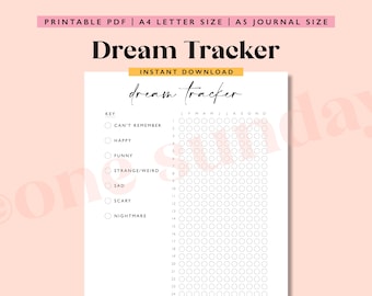 May include: A printable dream tracker with the title "Dream Tracker" in a stylish font. The design includes a key for dream emotions and a grid for tracking dreams. The document is available in A4 letter size and A5 journal size.