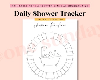 May include: A printable daily shower tracker with a black and white illustration of a bathtub with bubbles and a shower head. The tracker is a circle with 31 days marked around the edge.
