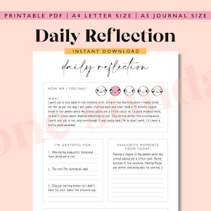 May include: Printable daily reflection journal page with pink and white background. The page includes sections for how you are feeling, what you are grateful for, and favorite moments from the day. The journal page has a cute cartoon design with emojis.