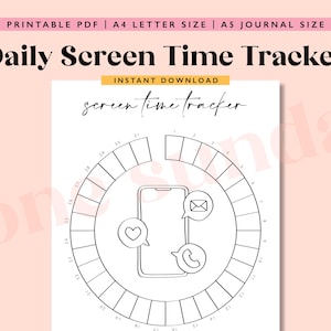 Op de afbeelding: Een afdrukbare PDF met de tekst "Daily Screen Time Tracker". Het ontwerp toont een cirkelvormige grafiek met een smartphone in het midden, omringd door genummerde segmenten. De smartphone heeft pictogrammen voor berichten, oproepen en likes.