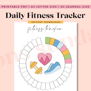 May include: Printable daily fitness tracker with a colorful circular chart for tracking workouts. The chart has 31 sections and includes icons for a heart, dumbbell, and running shoe.