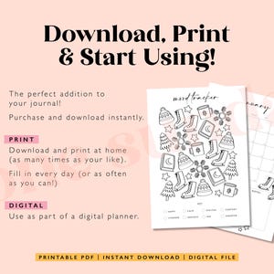 May include: Printable mood tracker and calendar pages in black and white. The mood tracker features a circular design with winter-themed illustrations, including a snowman, a mug, a book, and a snowflake. The calendar page is for January and has a simple grid layout.